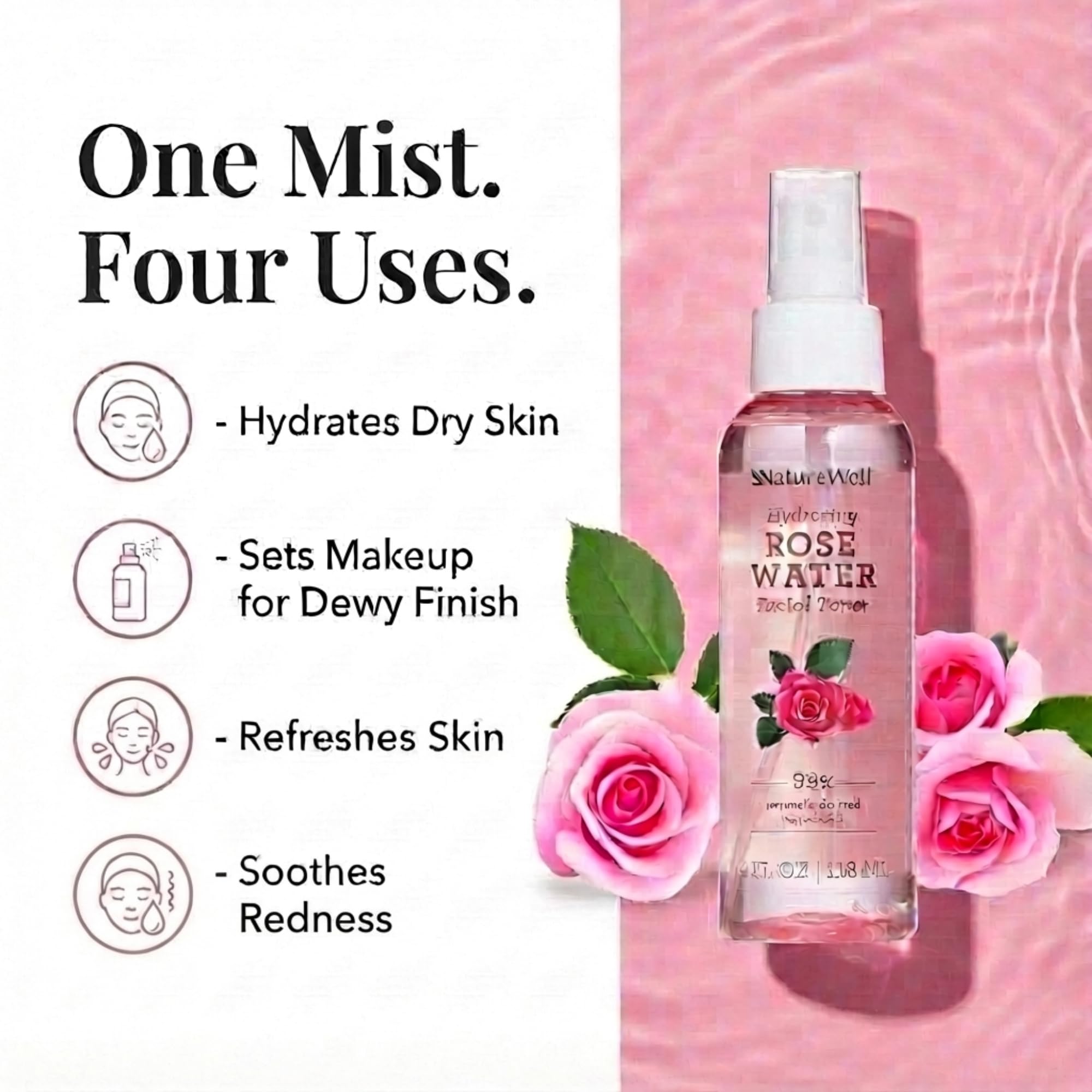 Nature Well Rose Water Toner Mist rose water ingredients highlight gentle moisturization