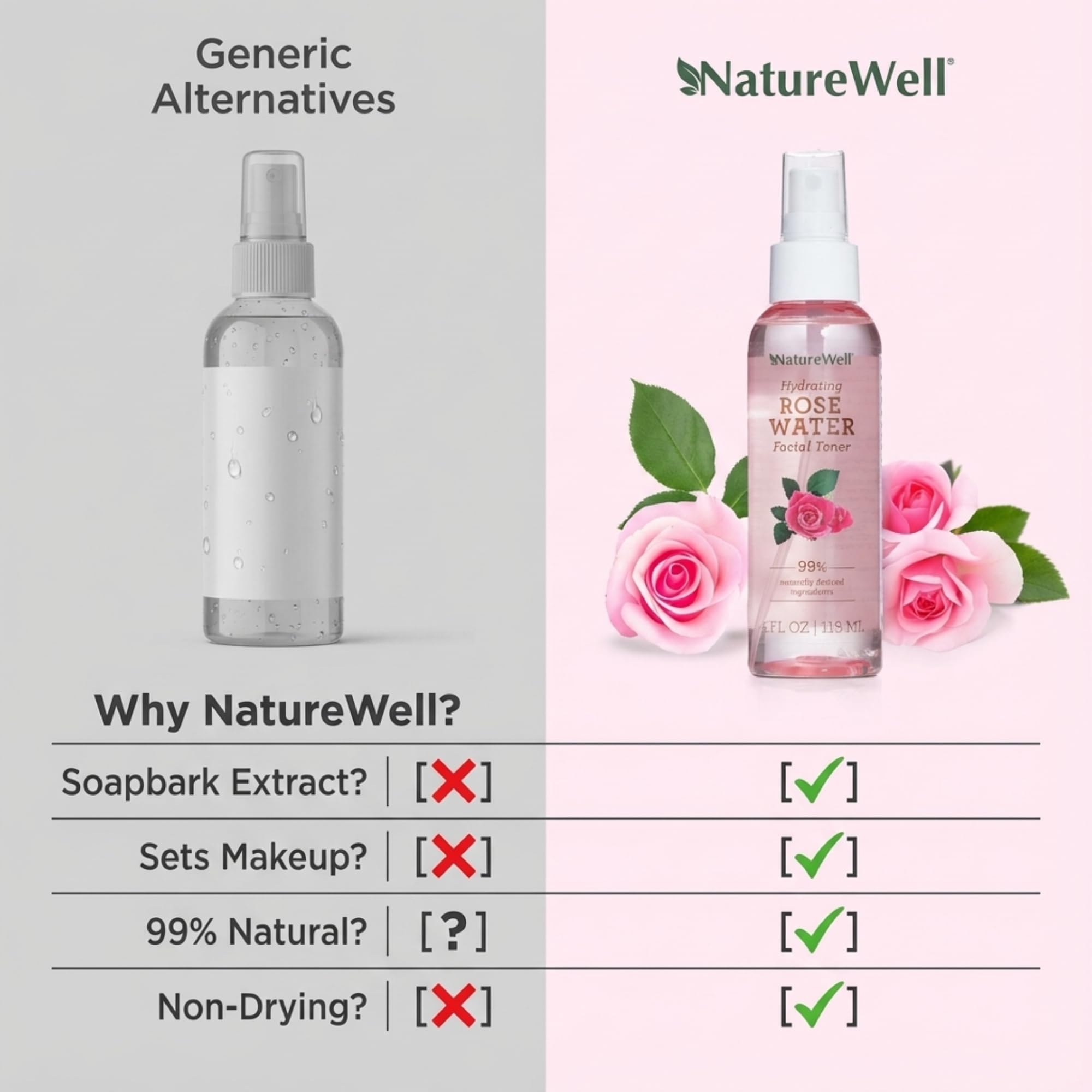 Nature Well Rose Water Toner Mist travel-size bottle for on-the-go hydration