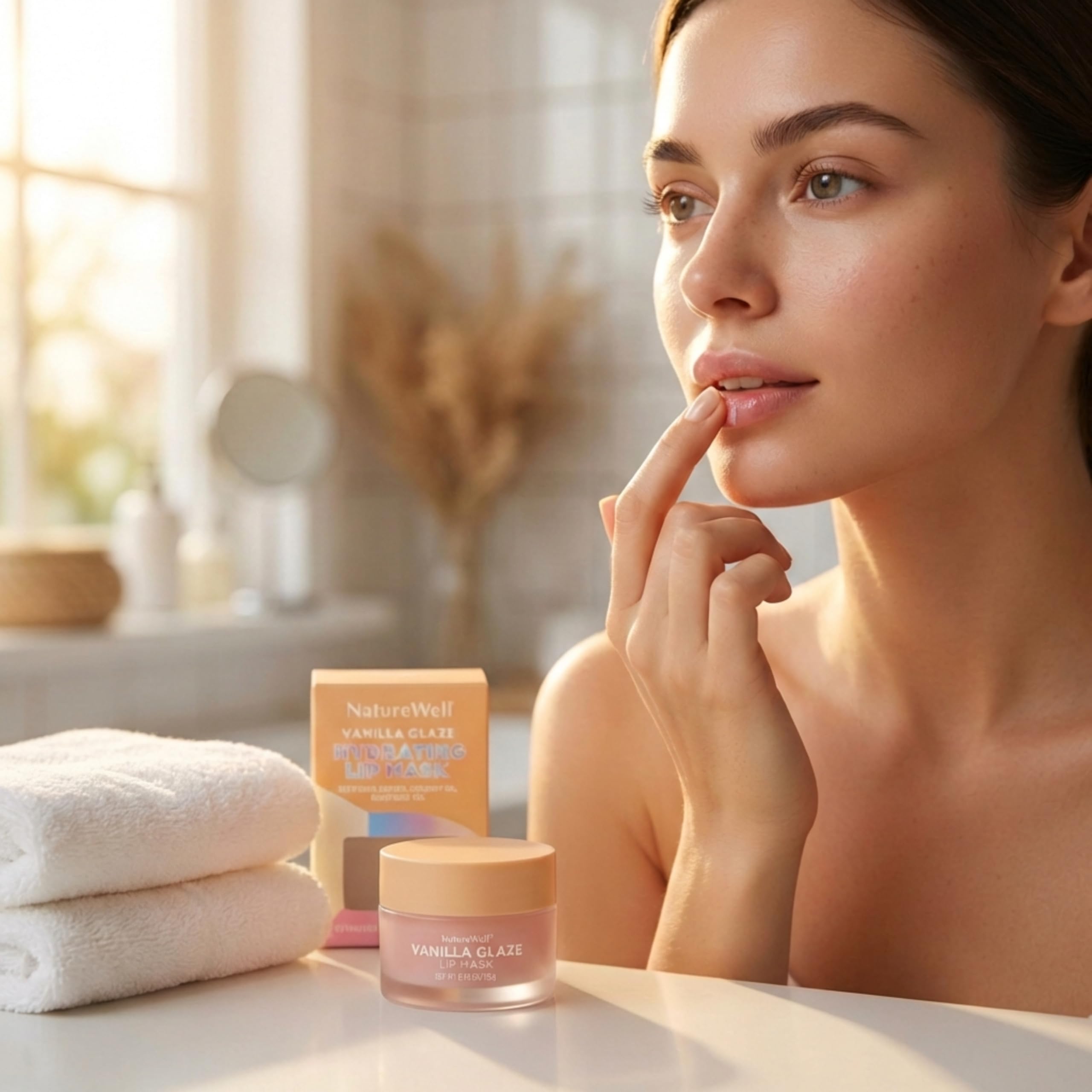 NATURE WELL Vanilla Glaze Lip Mask on lips forms protective moisture barrier.