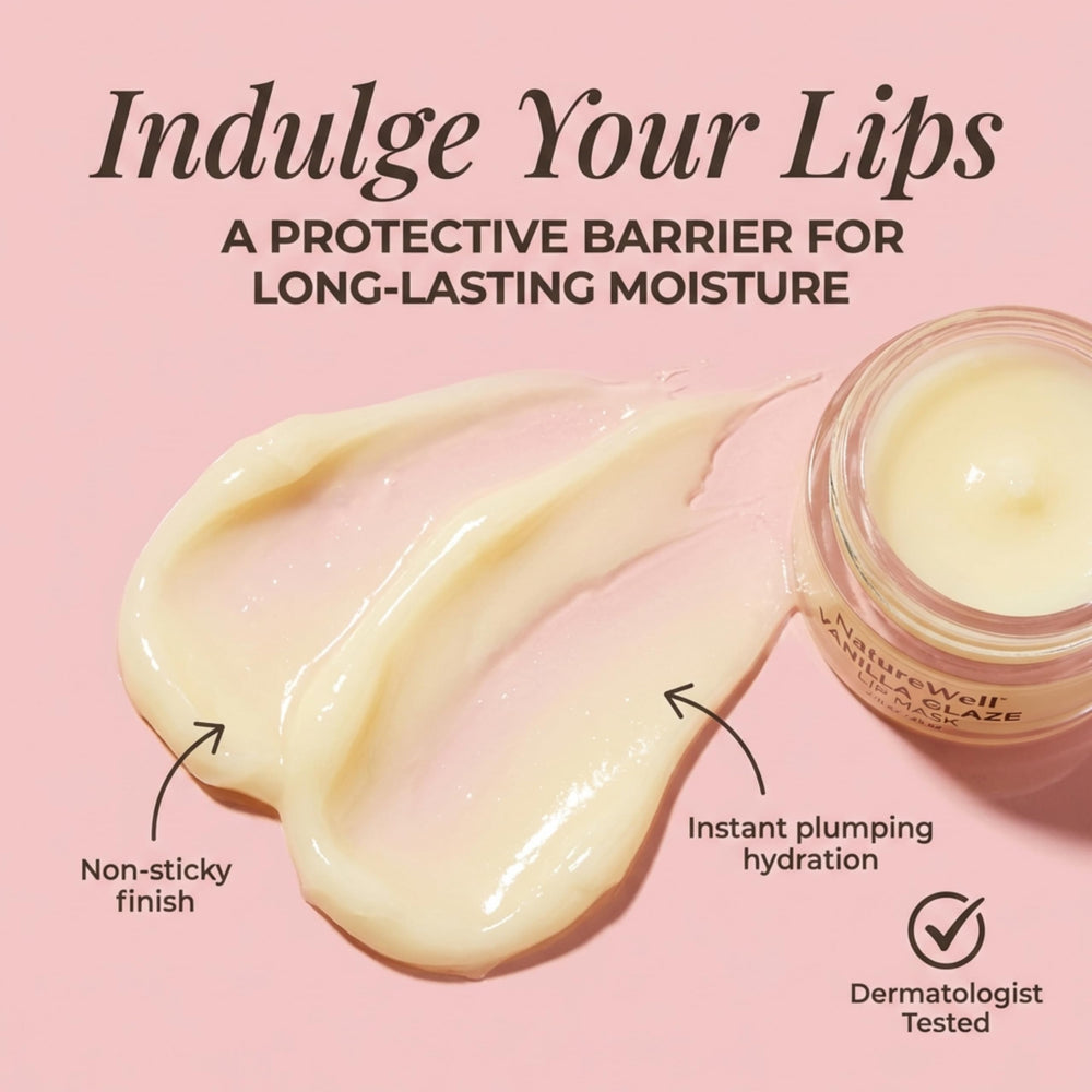 NATURE WELL Vanilla Glaze Lip Mask close-up texture highlights silky, creamy application.