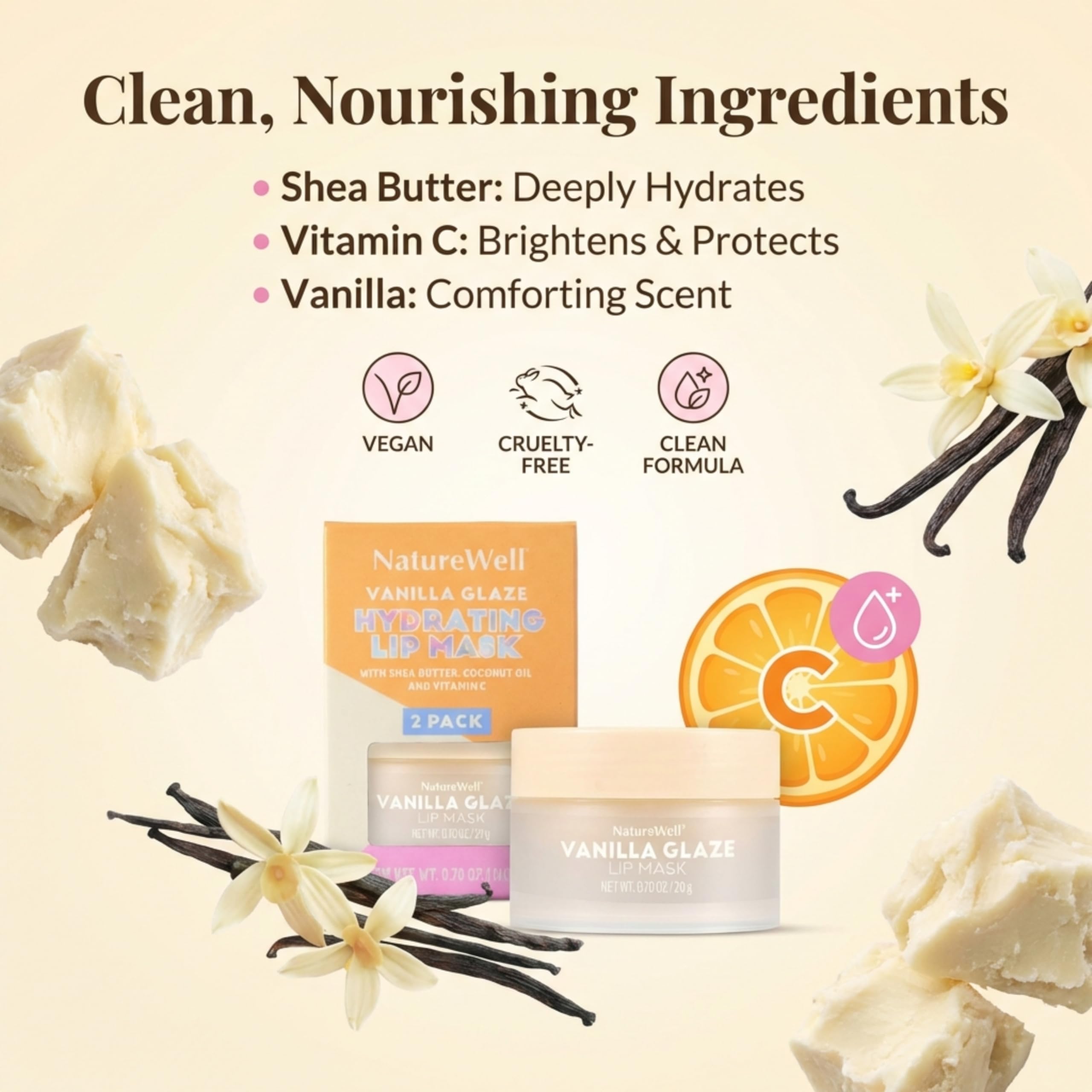 NATURE WELL Vanilla Glaze Lip Mask with shea butter delivers nourishing slip.