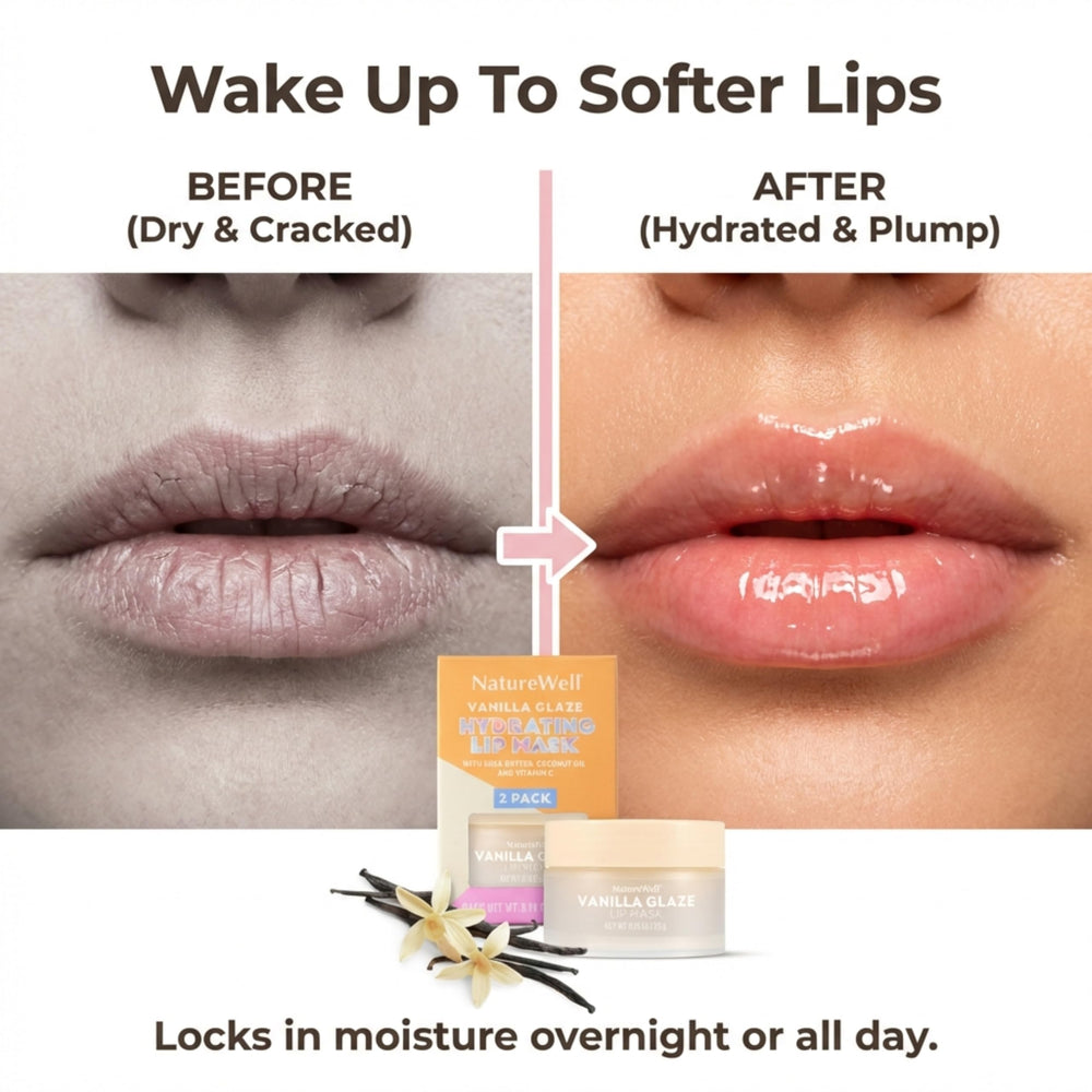 NATURE WELL Vanilla Glaze Lip Mask vitamin C label signals antioxidant support for lips.