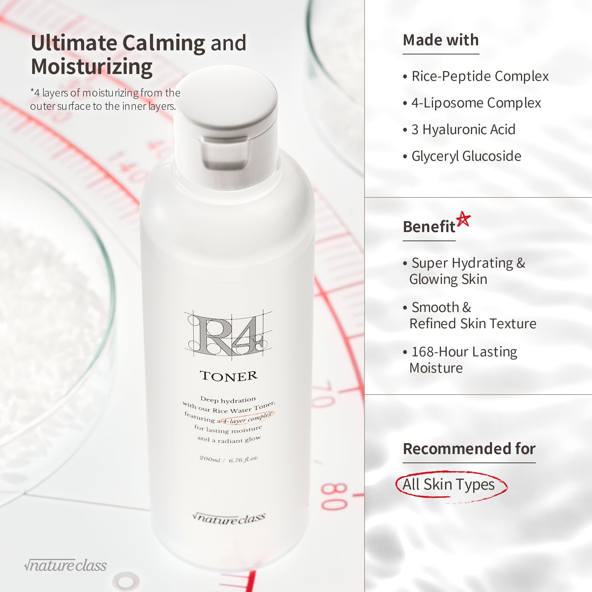 NatureCLASS R4 bottle side label highlights rice extract and hydrating ingredients