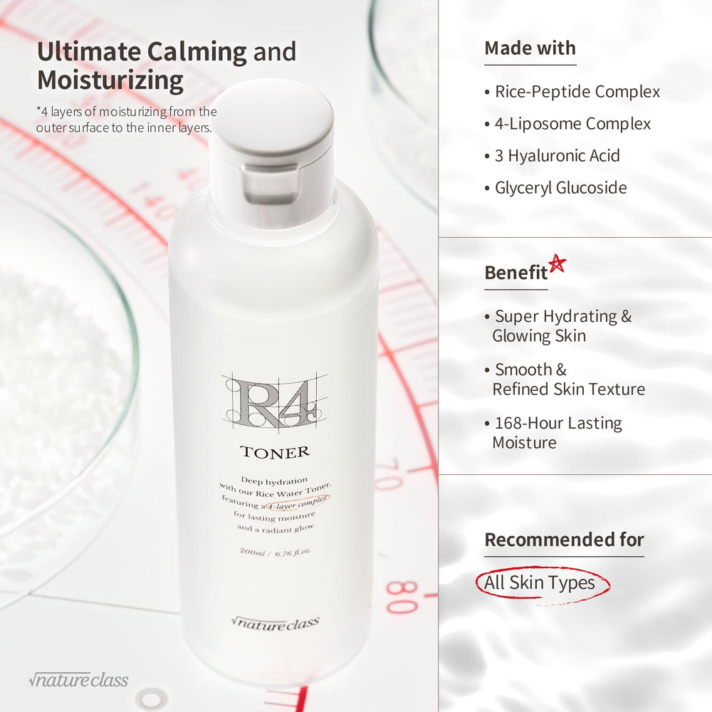 NatureCLASS R4 bottle side label highlights rice extract and hydrating ingredients