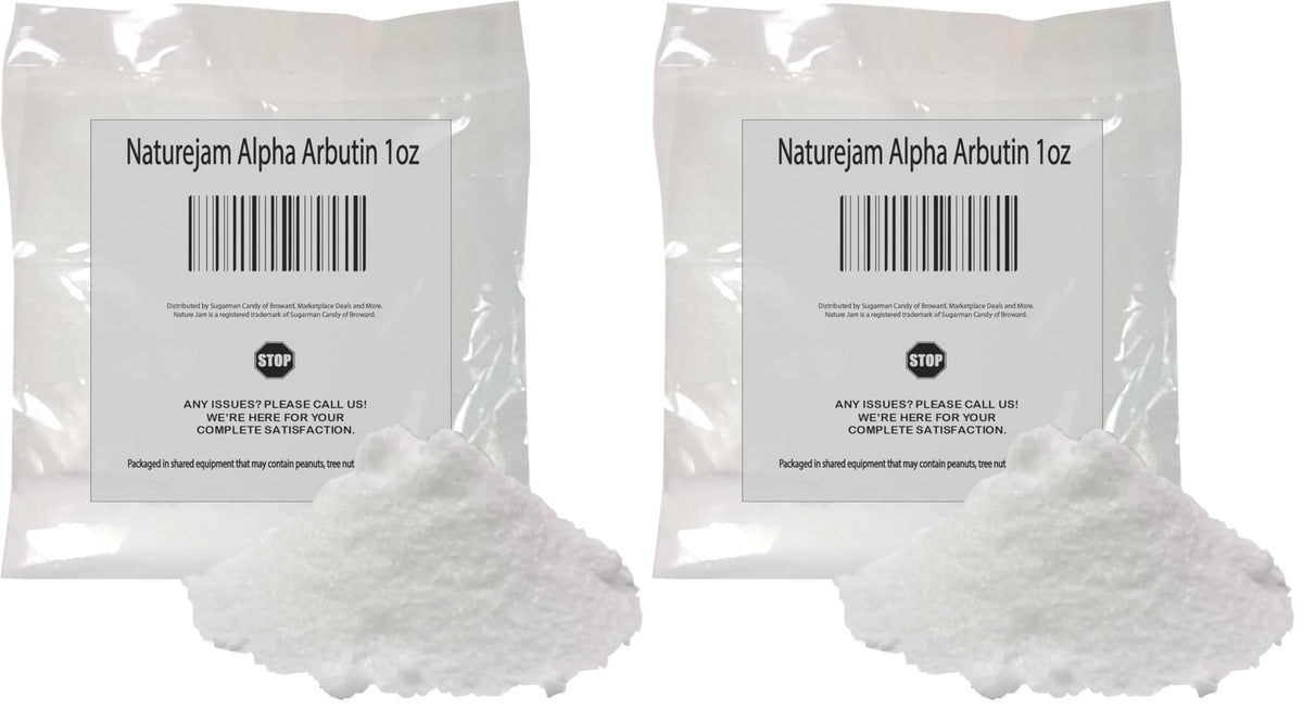 Naturejam Alpha Arbutin powder bottle close-up for even skin tone support.