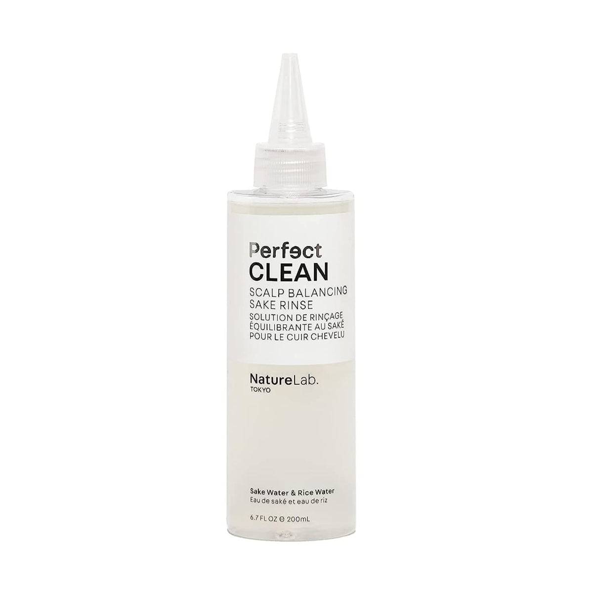 NatureLab TOKYO Perfect Clean Sake Rinse bottle pour demonstrates easy, gentle scalp cleansing
