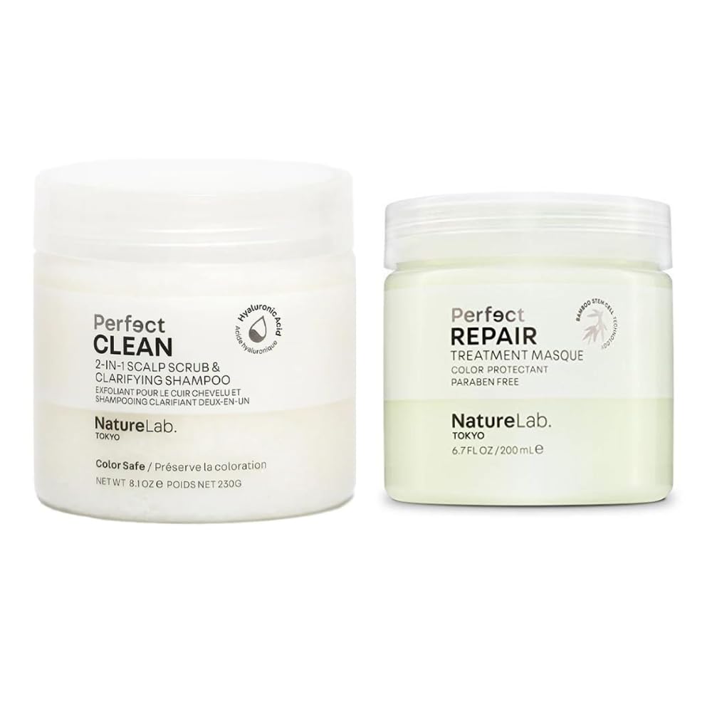 NatureLab.TOKYO Perfect Clean scrub-shampoo bottle showing clarifying action for refreshed scalp.