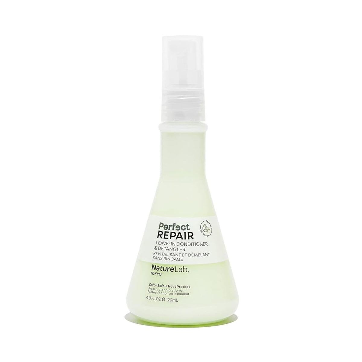 NatureLab.TOKYO Perfect Repair Leave-In bottle close-up showing detangling and moisture benefits.