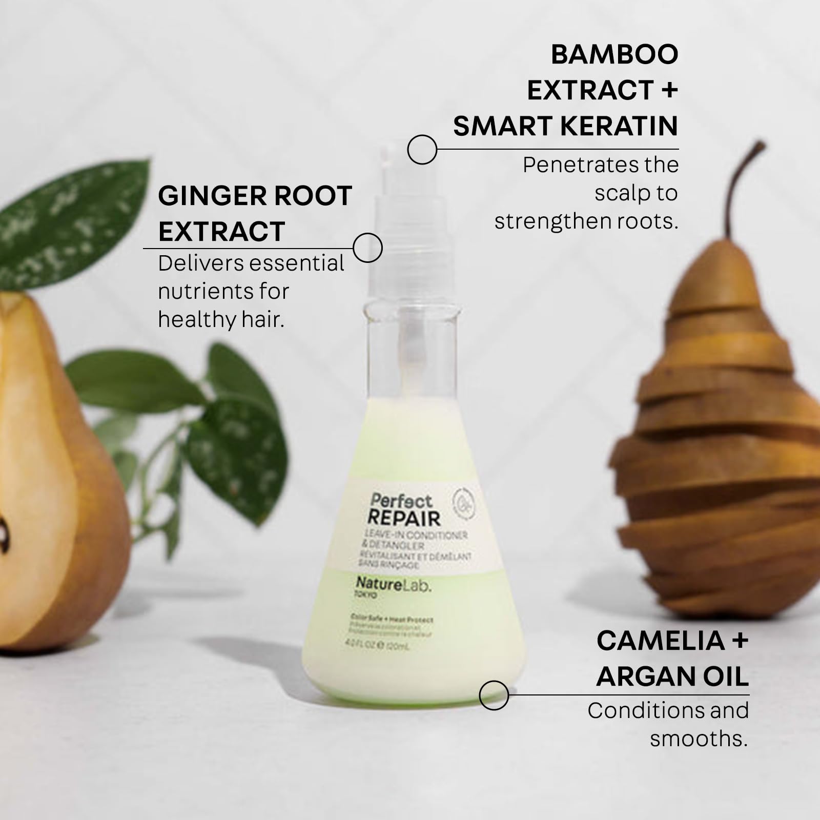 Close-up of ingredients for NatureLab.TOKYO Perfect Repair Leave-In highlighting camellia, argan, prickly pear oils.