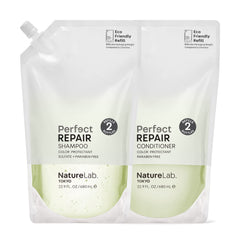 NatureLab.TOKYO Perfect Repair Shampoo pour for damaged hair delivers cleansing and renewal.
