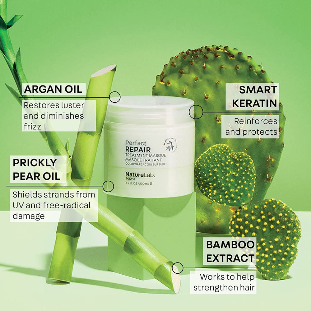 NatureLab.TOKYO Repair masque application demonstrates deep nourishment from mid lengths to ends.