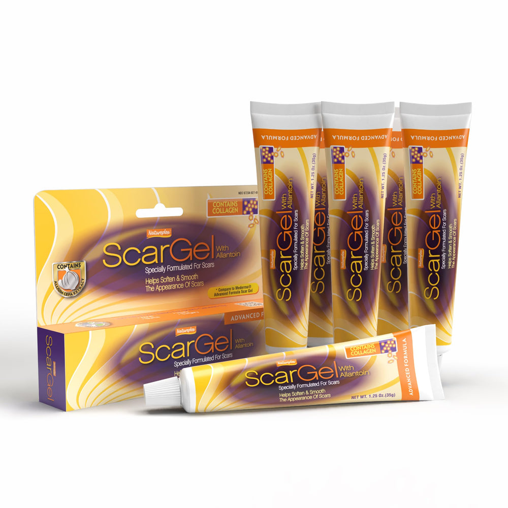 Natureplex Scar Gel bottle on a vanity for daily routine.