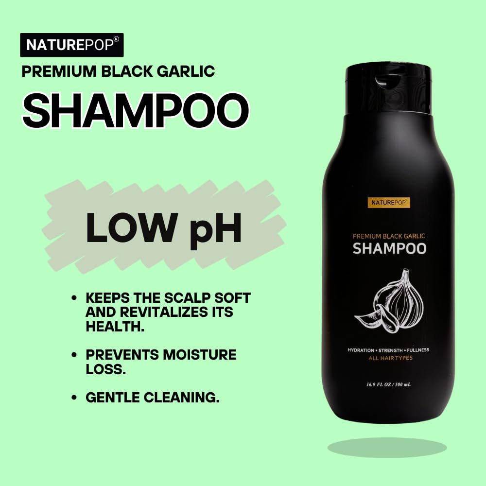 Naturepop Black Garlic Shampoo label shows sulfate-free cleansing.