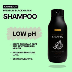 Naturepop Black Garlic Shampoo label shows sulfate-free cleansing.