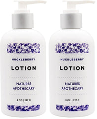 Nature's Apothecary Huckleberry Lotion bottle delivering silky hydration for dry skin