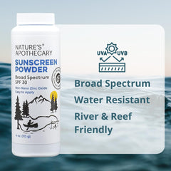 Nature's Apothecary sunscreen powder helps brush off sand after outdoor adventures