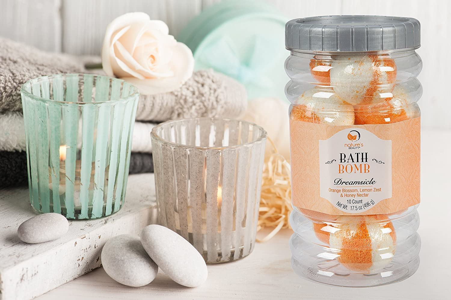 Nature's Beauty Dreamsicle bath bombs with lemon zest scent for a refreshing bath