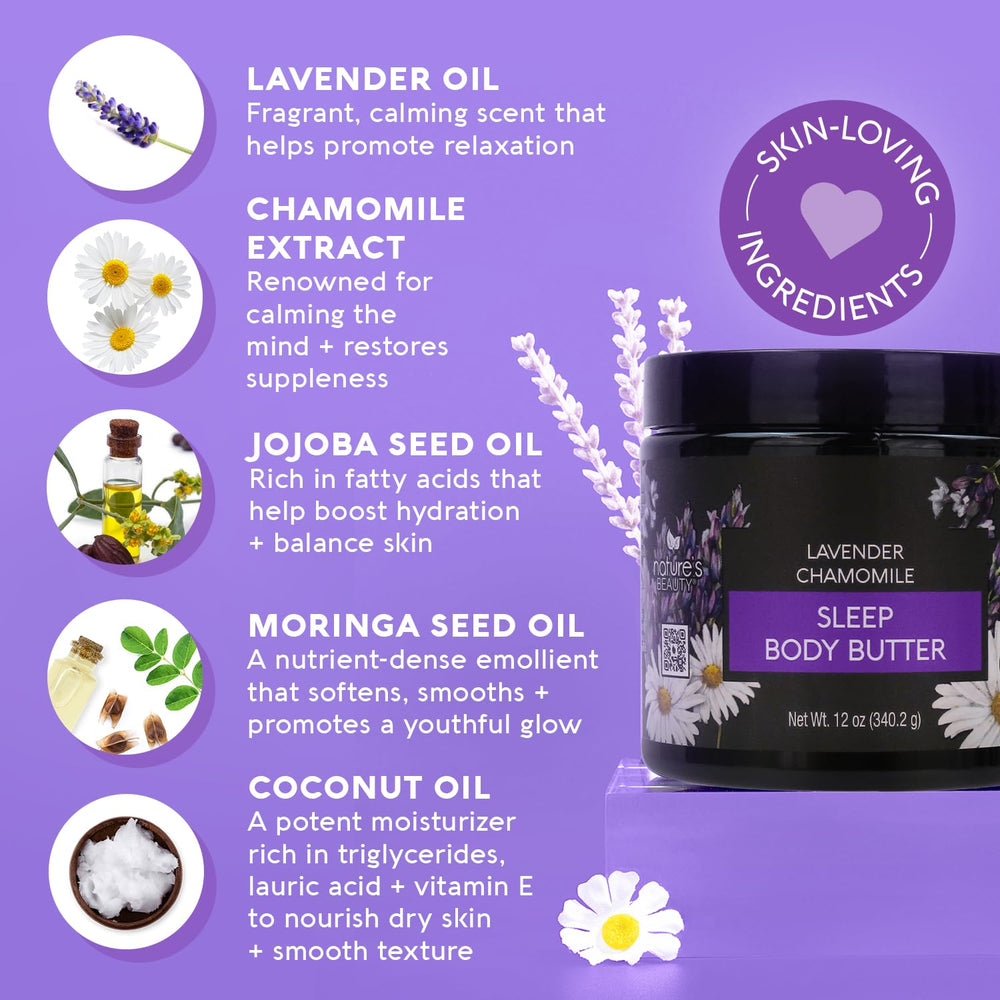 Nature's Beauty Sleep Body Butter jar close-up shows rich texture for smoothing