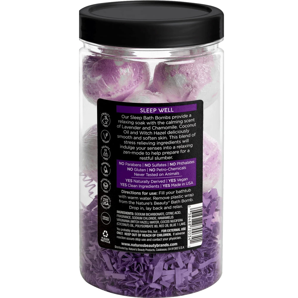Nature's Beauty lavender chamomile bath bombs support a calming night routine.