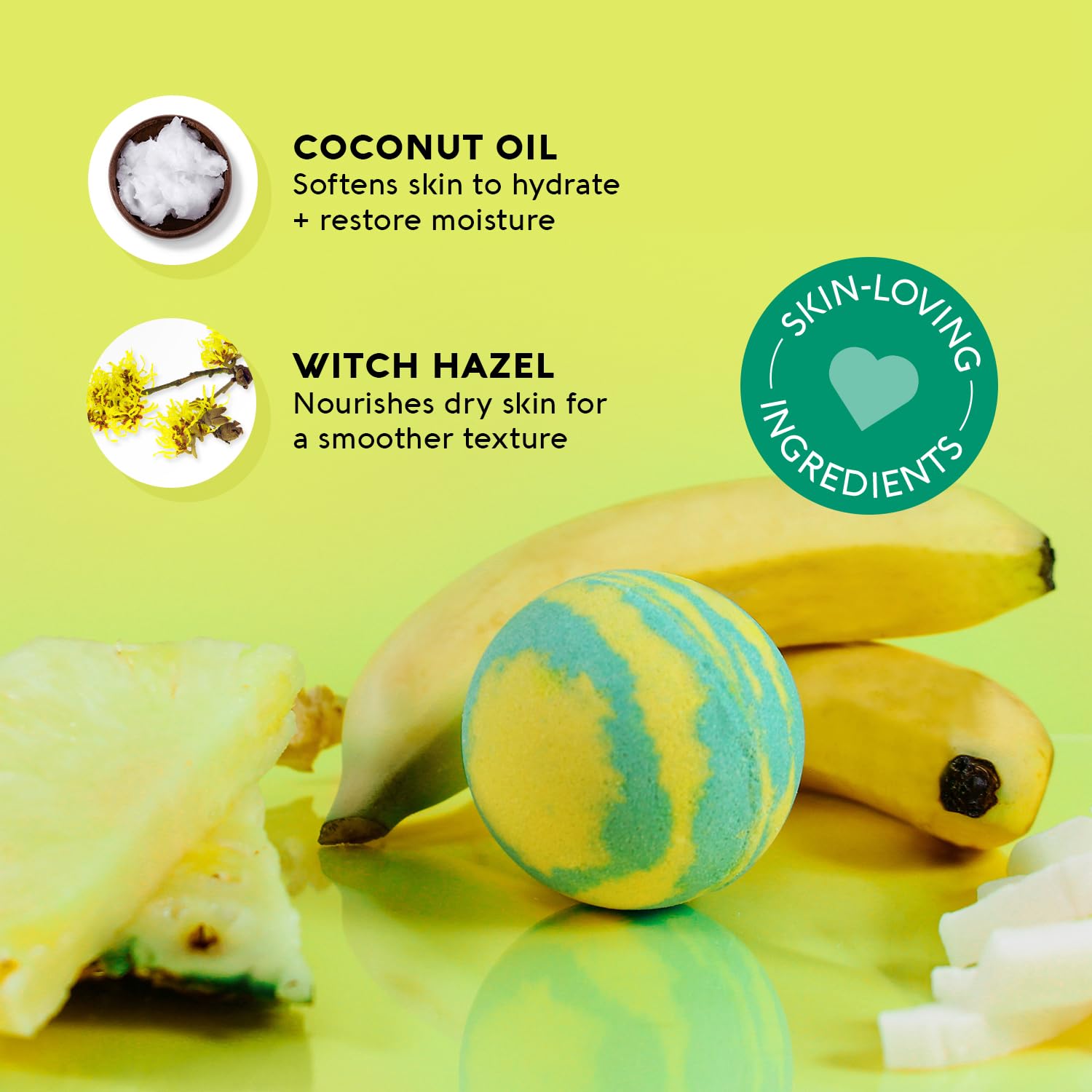 Nature's Beauty Tropical Escape bath bomb closeup reveals vibrant pigments that rinse away cleanly.