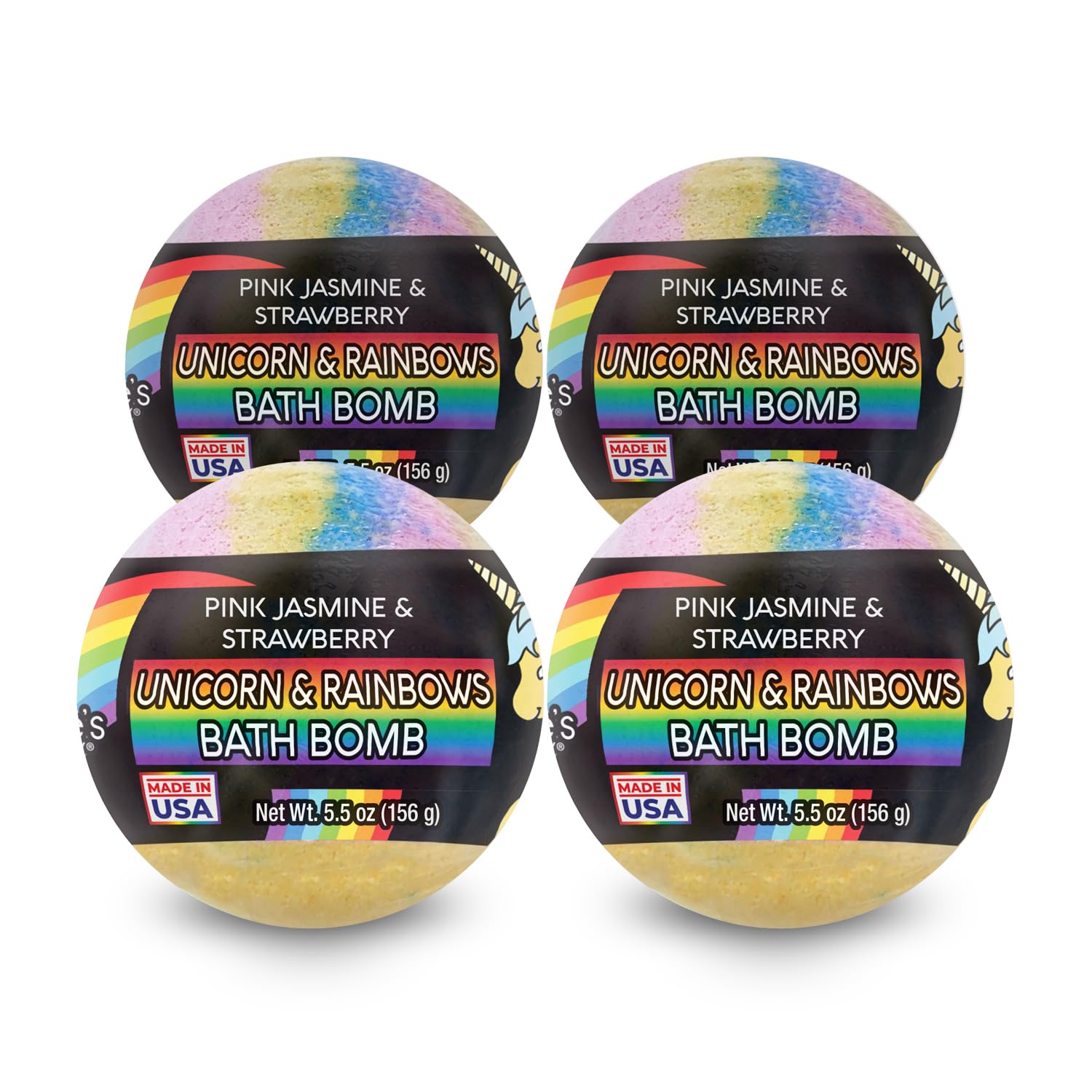 Nature's Beauty Unicorns Rainbows bath bombs in a pack creating vibrant tub color