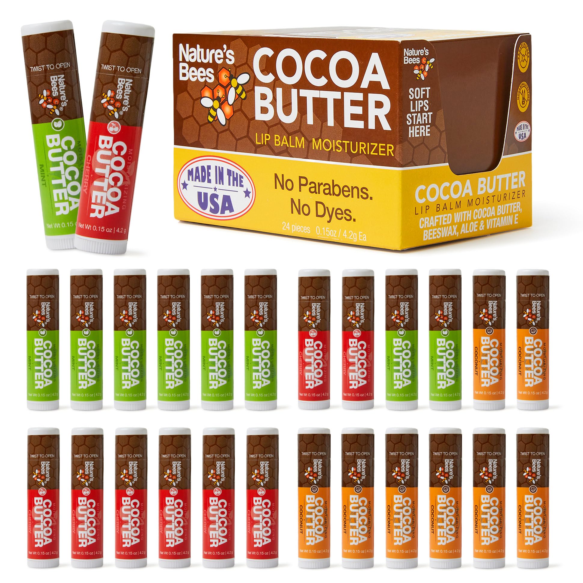 Nature's Bees Cocoa Butter Lip Balm 24-pack front view for convenient lip care.