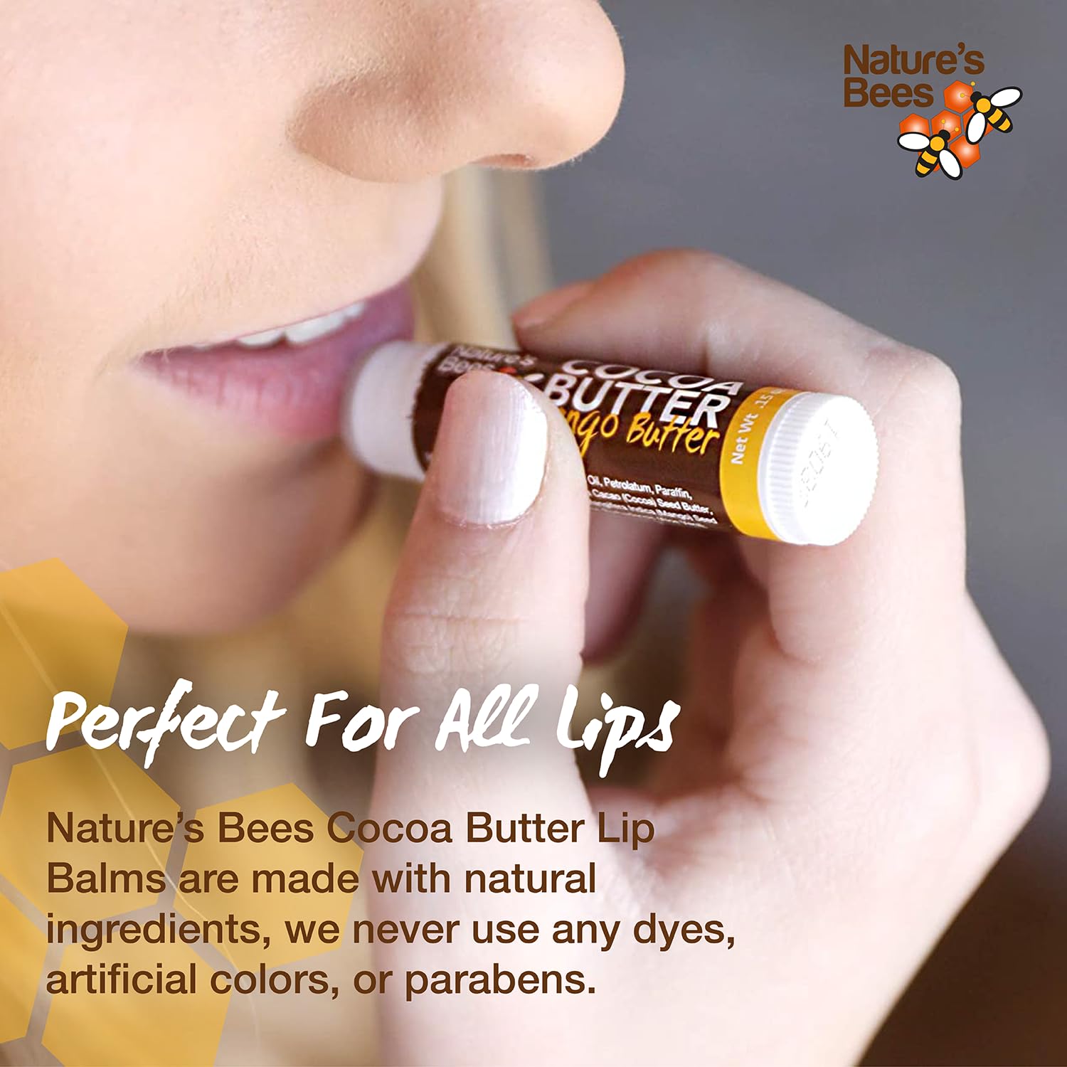 Nature's Bees Cocoa Butter Lip Balm cherry flavor tube for a refreshing finish.