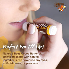 Nature's Bees Cocoa Butter Lip Balm cherry flavor tube for a refreshing finish.