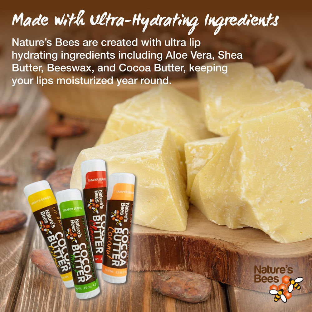 Nature’s Bees Cocoa Butter Lip Balm 24-pack angled shot with variety