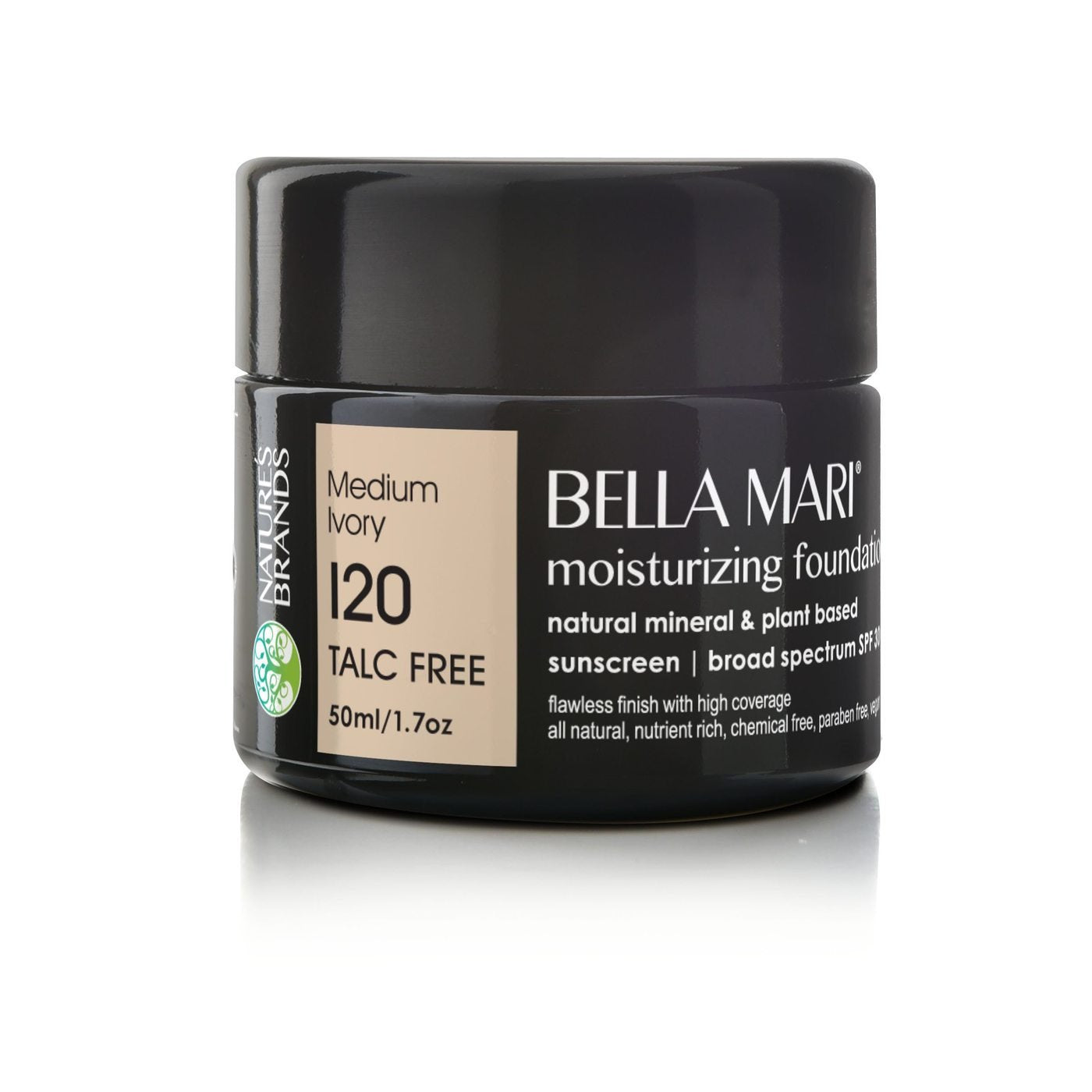 Nature's Brands Bella Mari foundation bottle in glass showing SPF 30 coverage