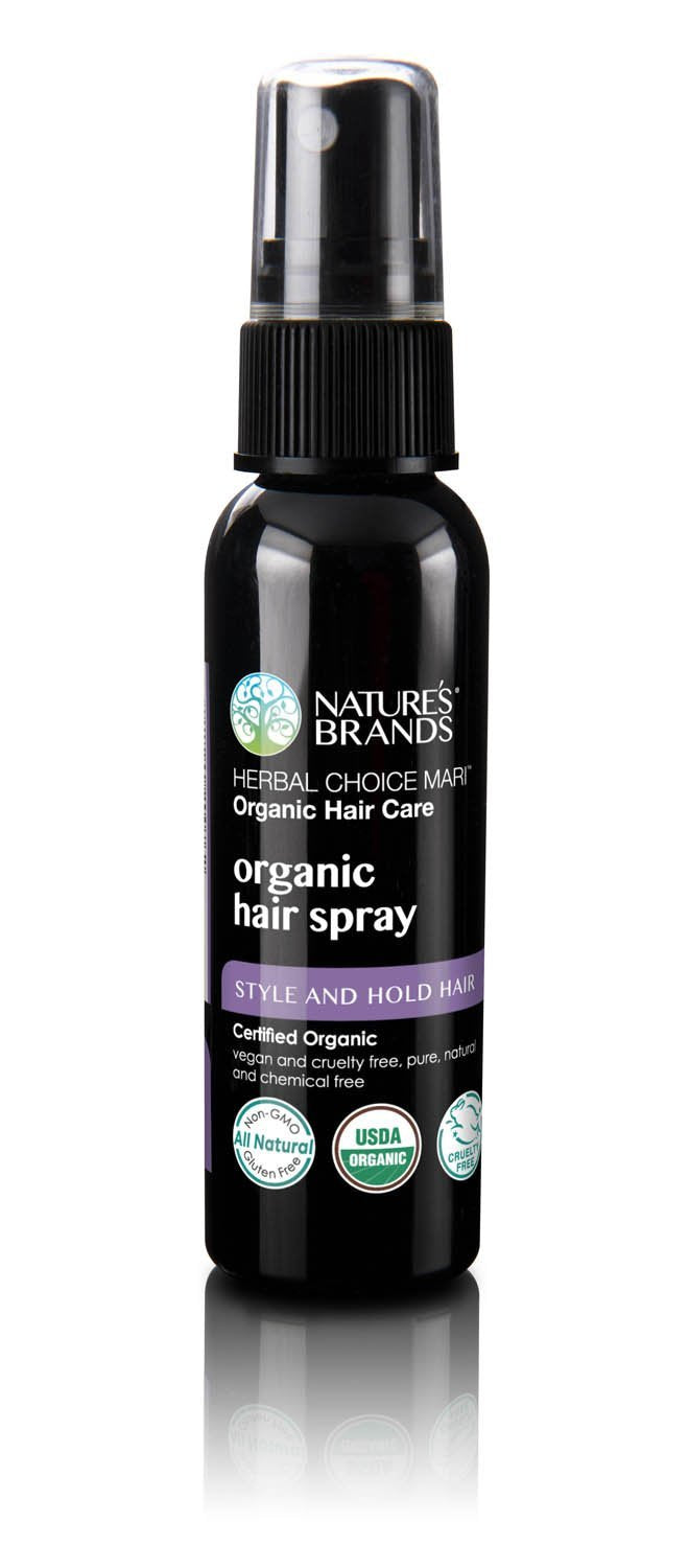 Nature's Brands Herbal Choice Mari hair spray bottle for organic hold and shine.