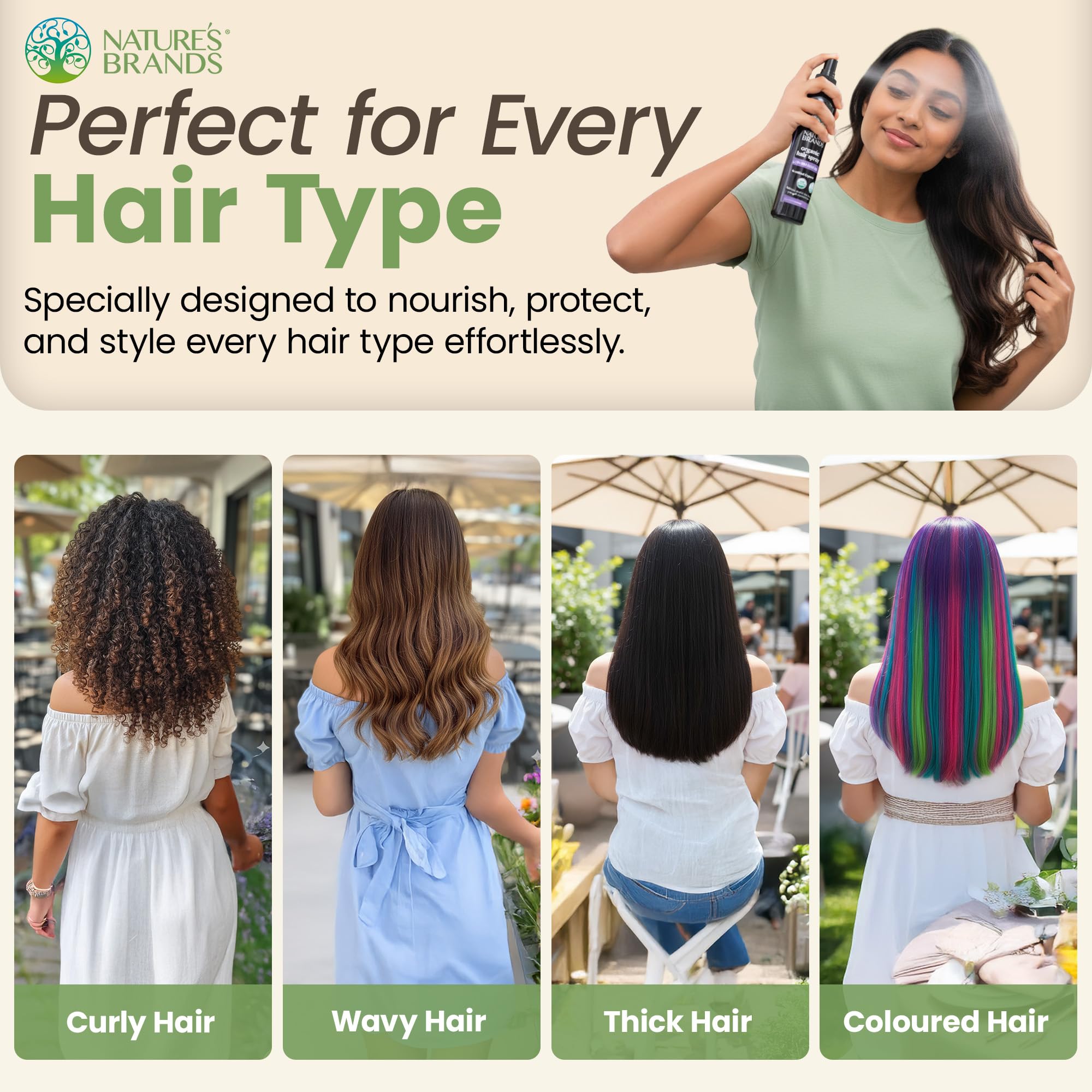 Nature's Brands Organic Hair Spray cruelty-free-logo on pack signals vegan, ethical styling.