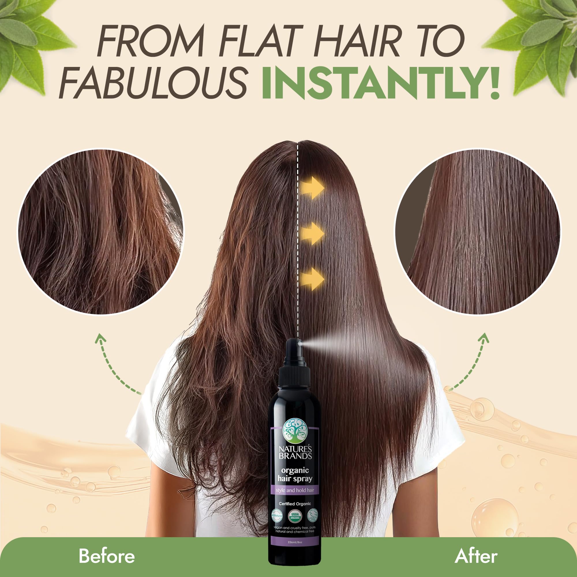 Nature's Brands Organic Hair Spray herbal-aroma revives your routine with a light, fresh scent.