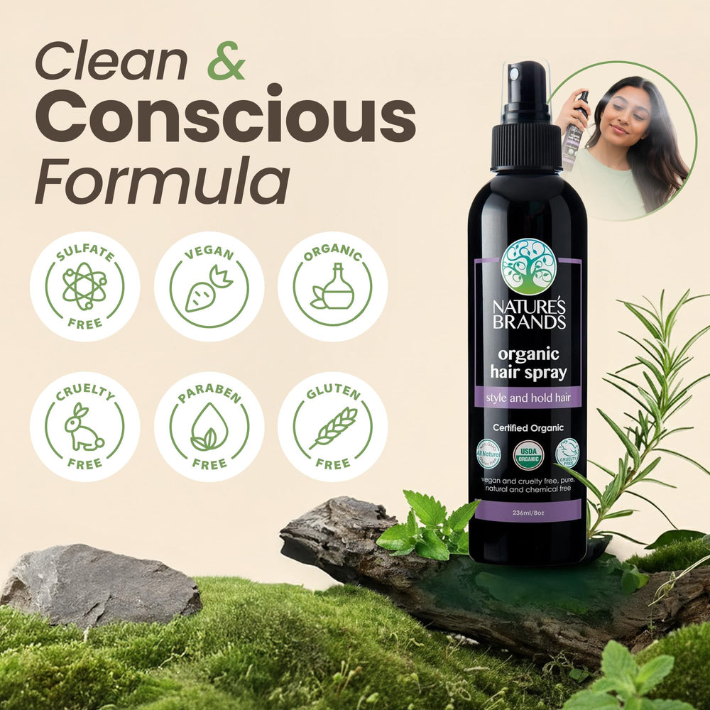 Nature's Brands Organic Hair Spray label highlights USDA Organic and non-GMO credentials for trust.