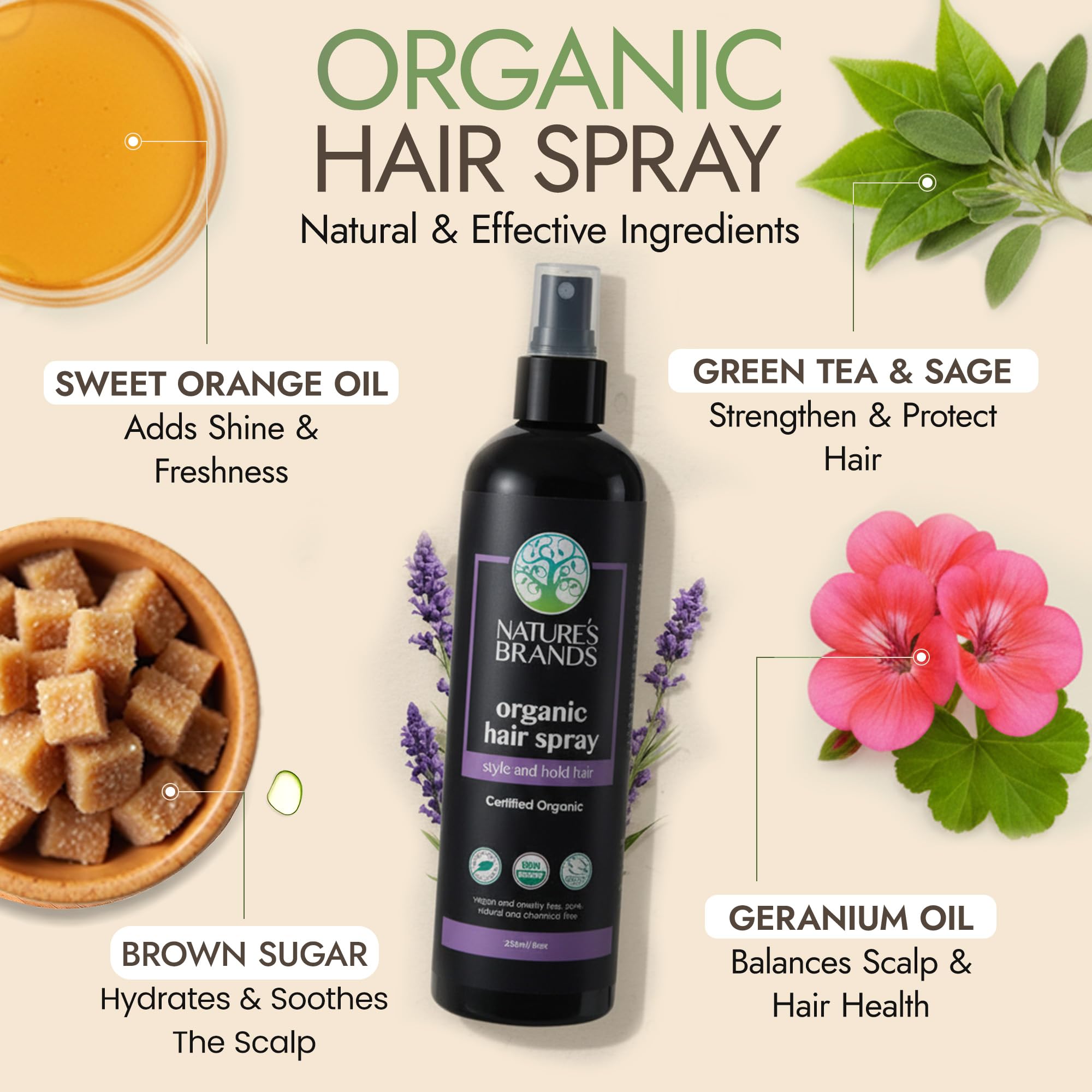Nature's Brands Organic Hair Spray mist demonstrates easy application for quick touch-ups and lasting shape.