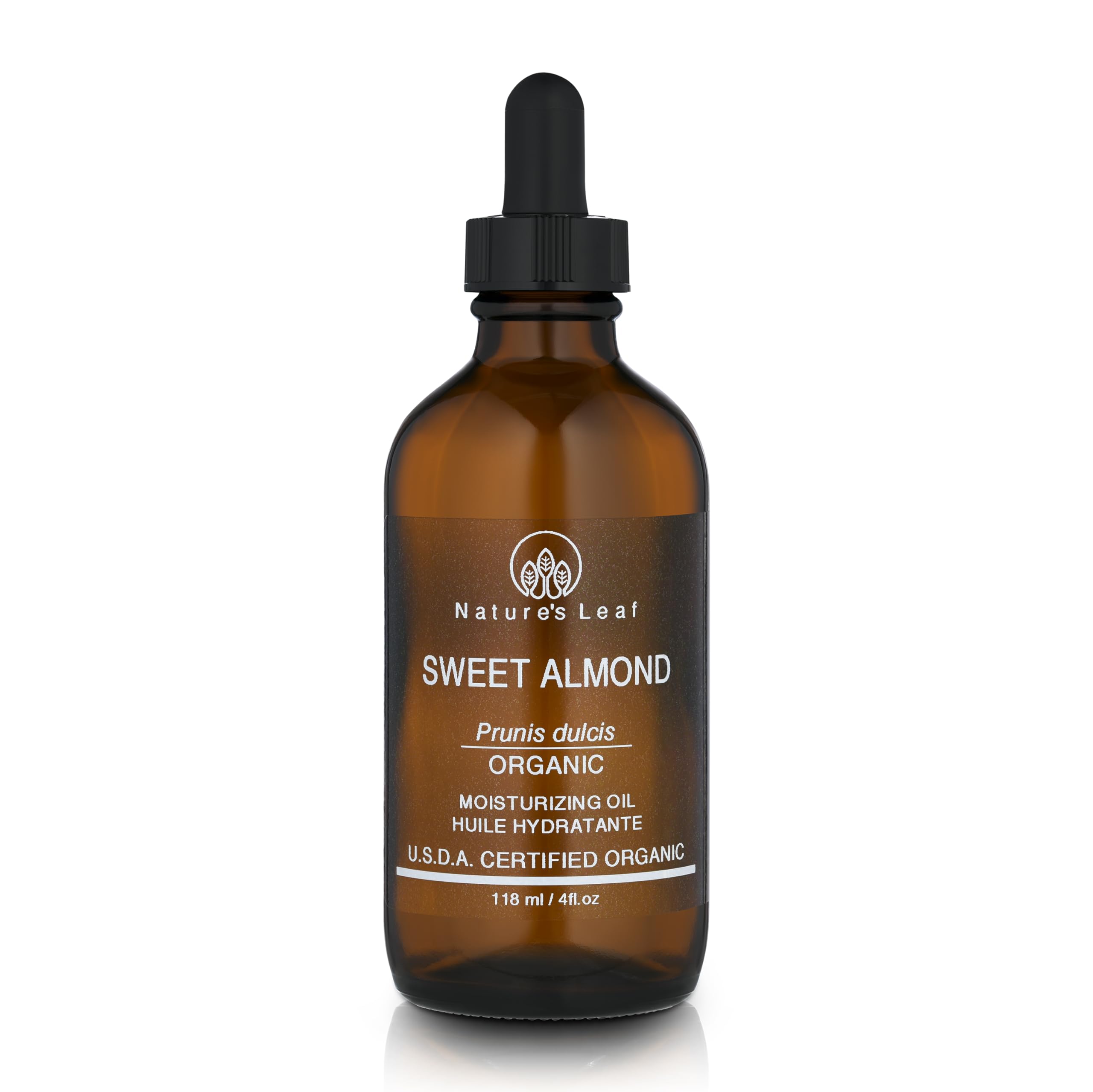 Natures Leaf Sweet Almond Oil bottle showing purity for skin and hair nourishment