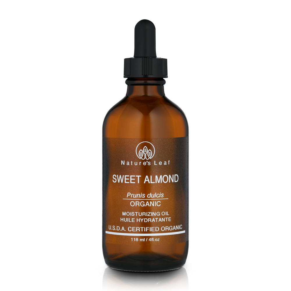 Natures Leaf Sweet Almond Oil bottle showing purity for skin and hair nourishment