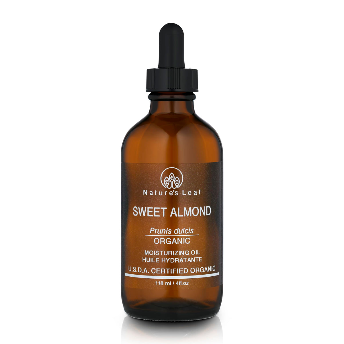 Natures Leaf Sweet Almond Oil bottle showing purity for skin and hair nourishment