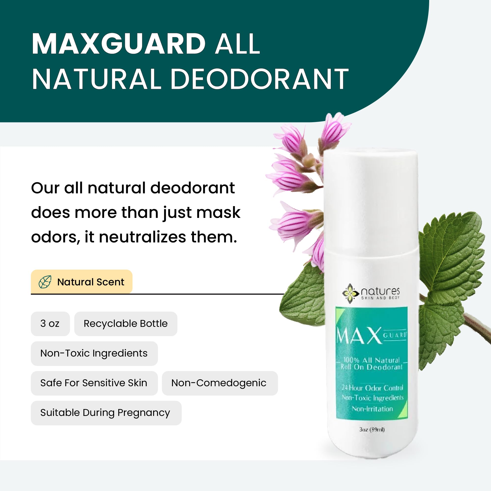 MaxGuard 24-hour protection label indicating reliable odor control throughout the day.