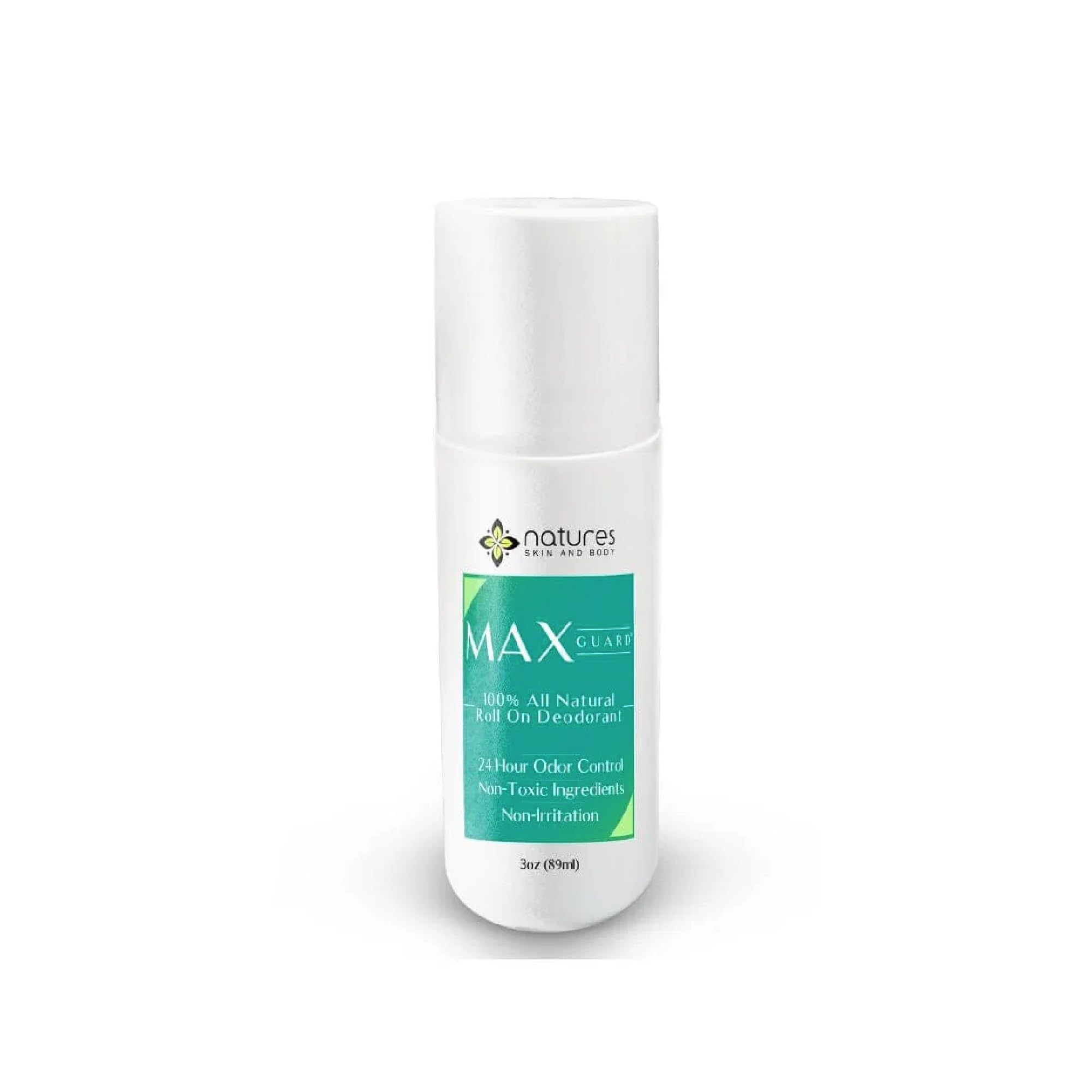 Nature's Skin And Body Food MaxGuard roll-on bottle for easy, mess-free daily freshness.