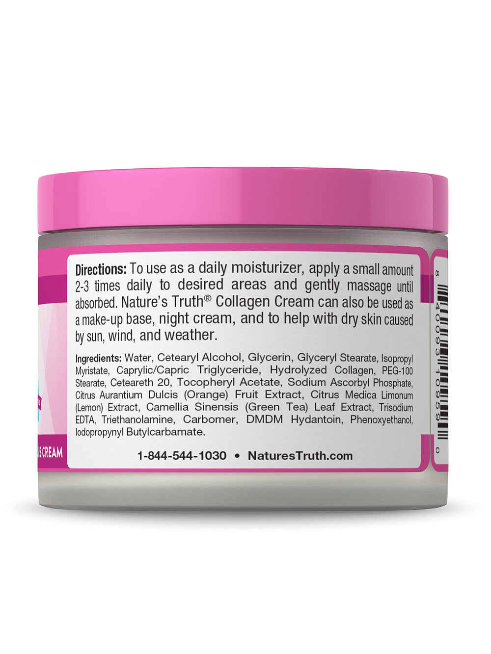 Close-up of the ingredients list for Nature's Truth Collagen Cream.