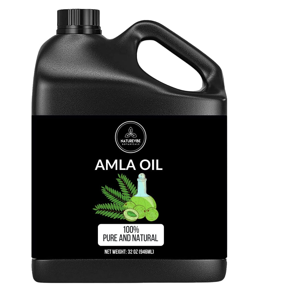 Naturevibe Botanicals Amla Oil bottle nourishes the scalp for healthy-looking hair.