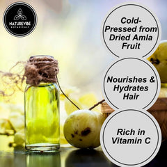 Naturevibe Botanicals Amla Oil label highlights 100% pure amla seed oil.