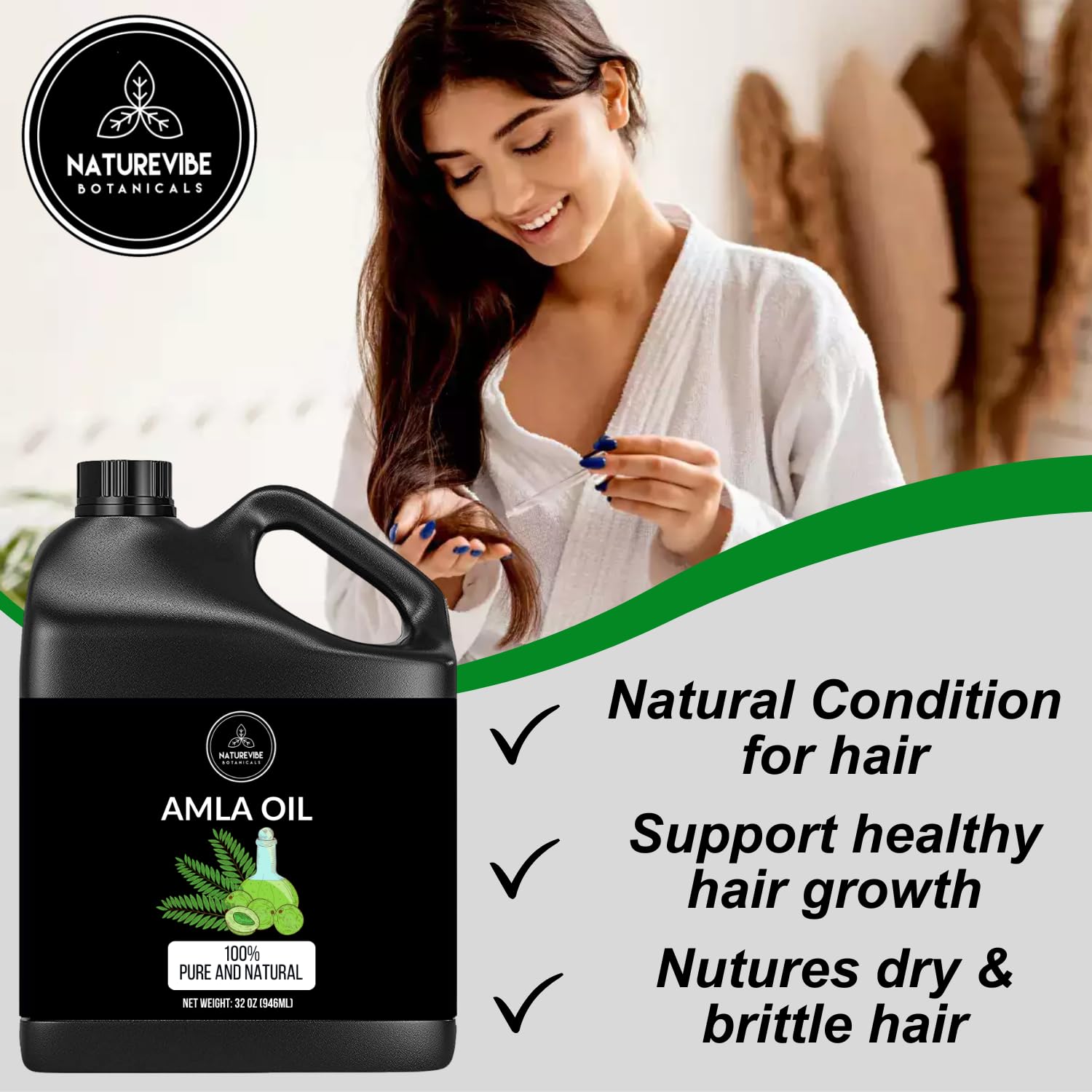 Amla Oil pour shot suggests versatile use on hair and skin.