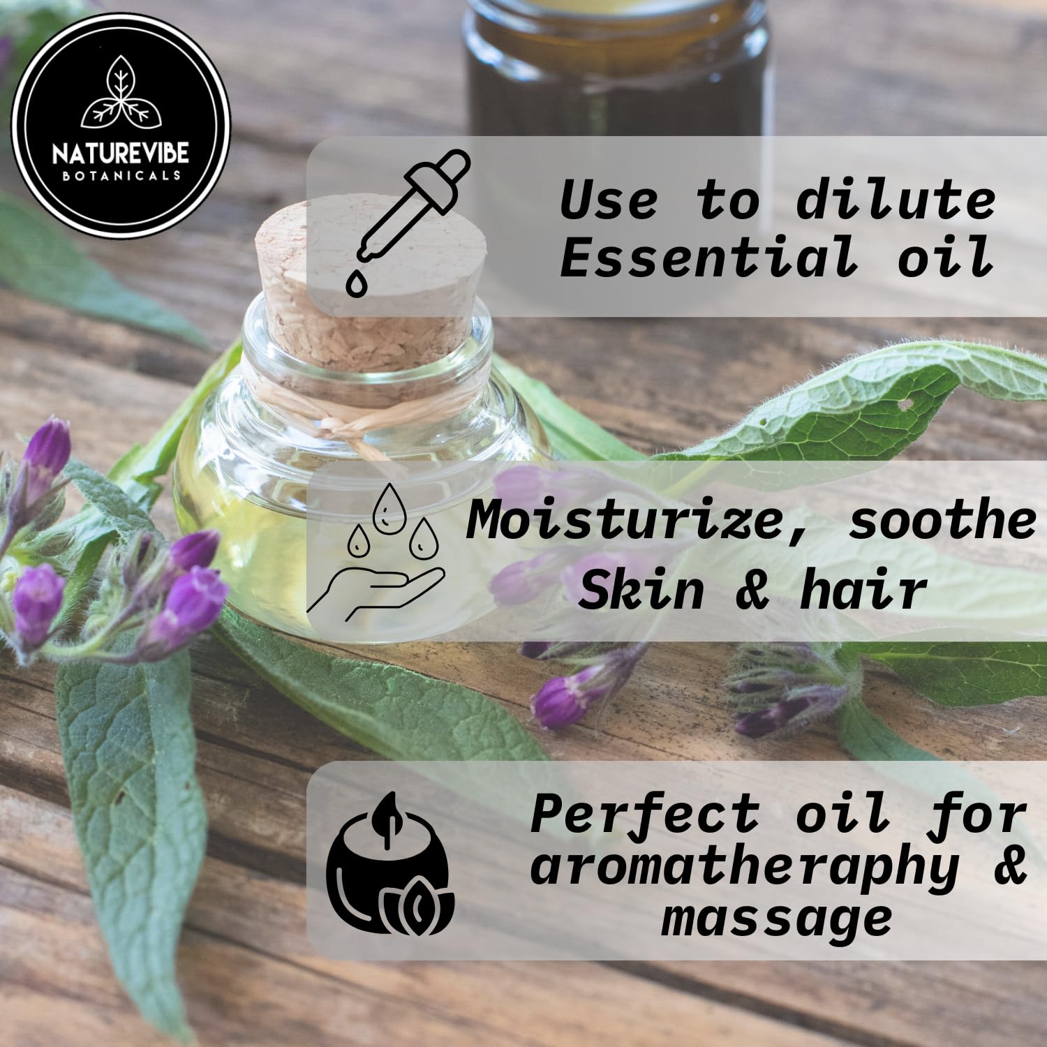 Naturevibe Botanicals Comfrey Oil image of ingredients emphasizes 100 percent pure oil.