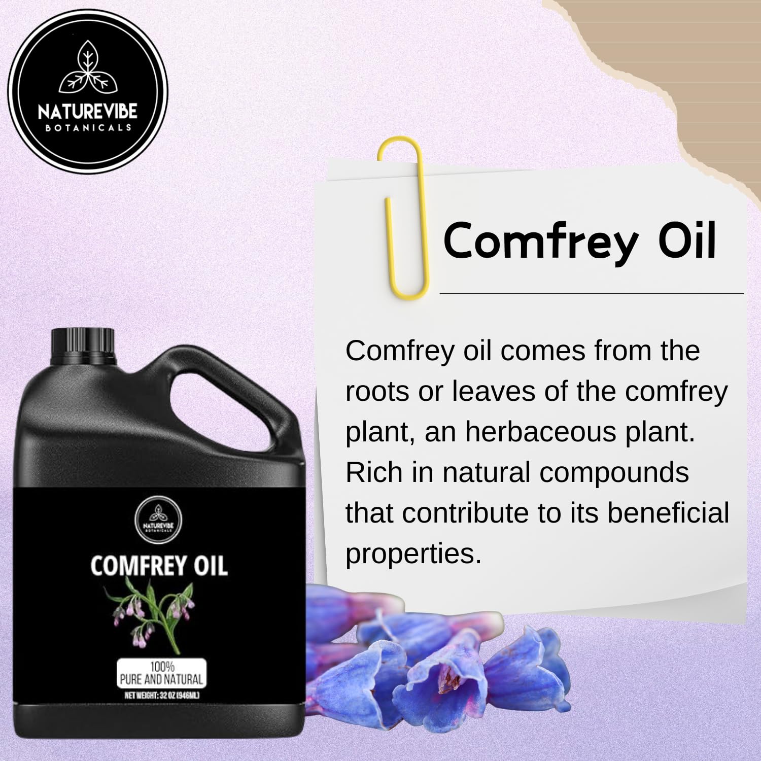 Naturevibe Botanicals Comfrey Oil jar demonstrates resealable packaging for freshness.
