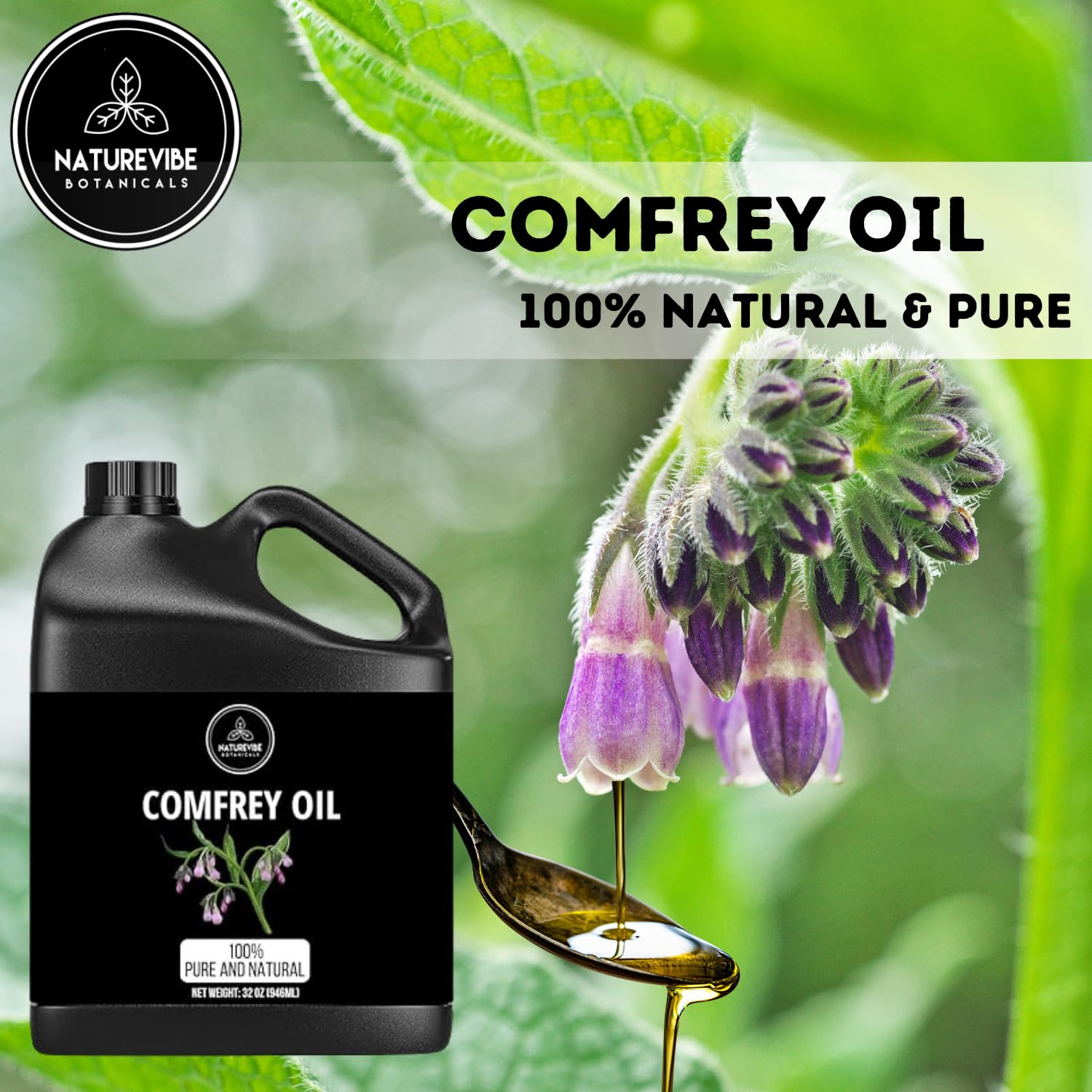 Naturevibe Botanicals Comfrey Oil label close-up highlights purity and natural sourcing.