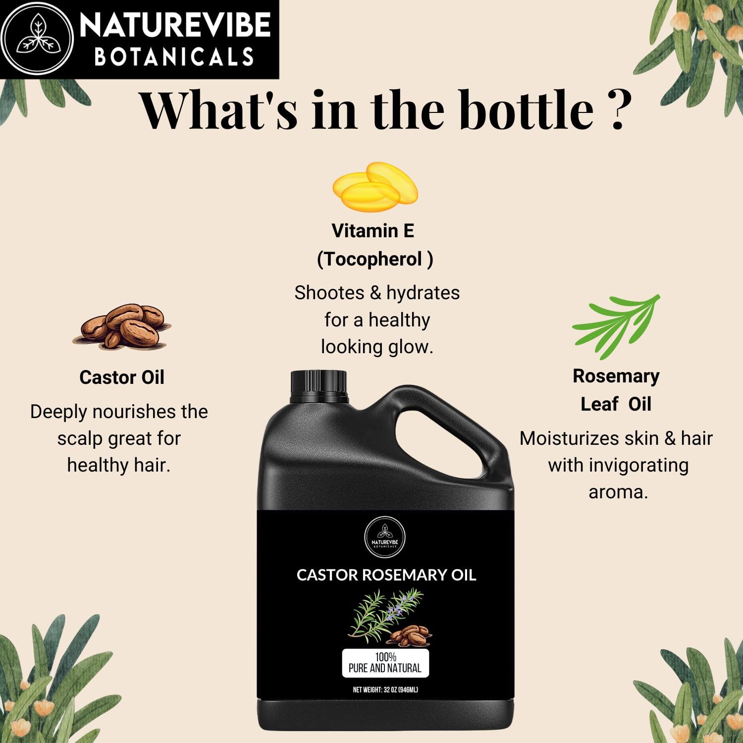 Naturevibe Botanicals Castor Rosemary Oil for eyelashes, eyebrows, and hair care.