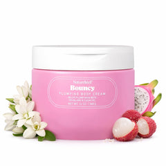 NatureWell Bouncy Body Cream bottle close-up shows premium hydration.