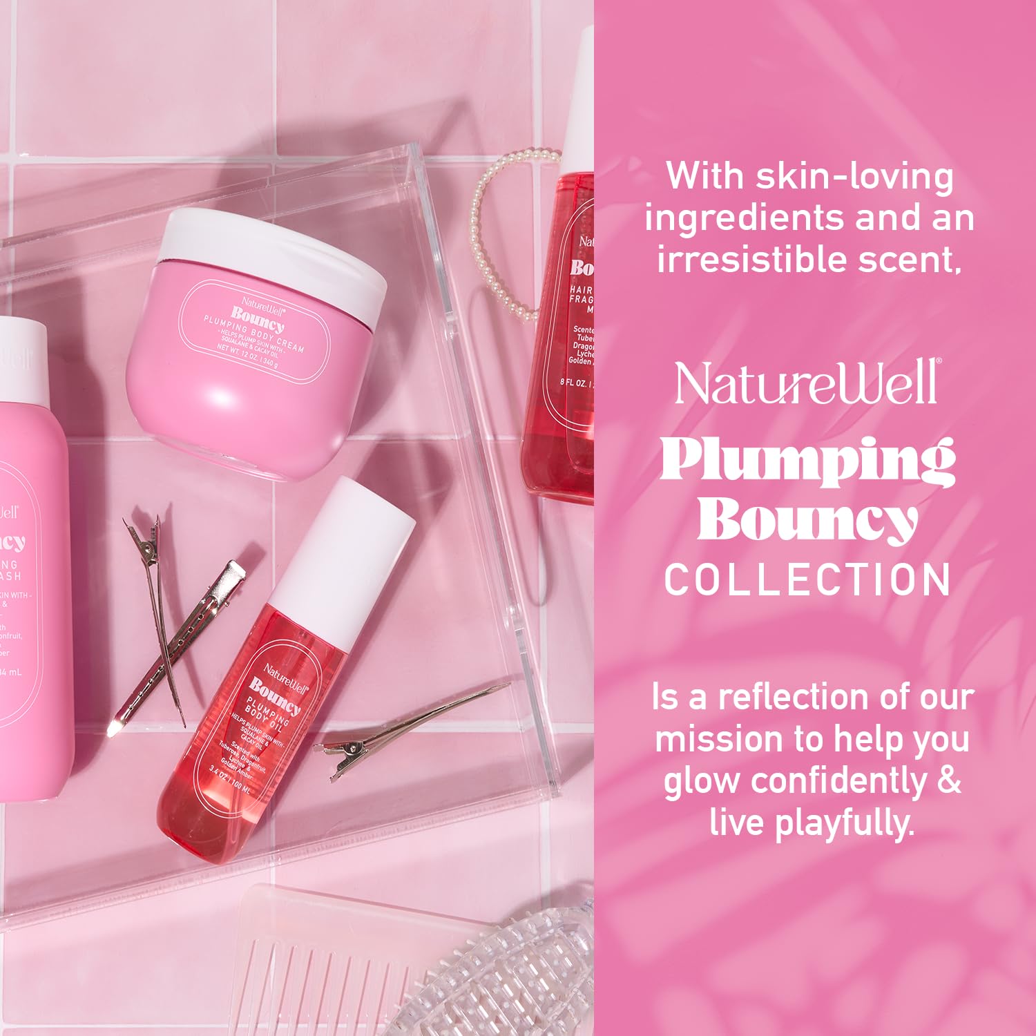 NatureWell Bouncy Body Cream whipped texture illustrates light, cushiony feel.